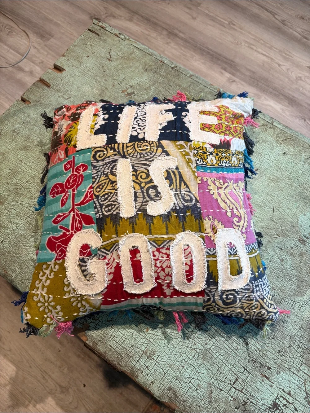 Life Is Good Boho Patchwork Tassel Throw Pillow 16” Decorative Cushion